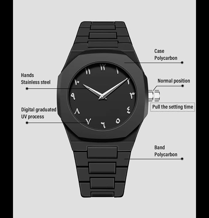 All-Black Men's Quartz Watch with Arabic Numerals